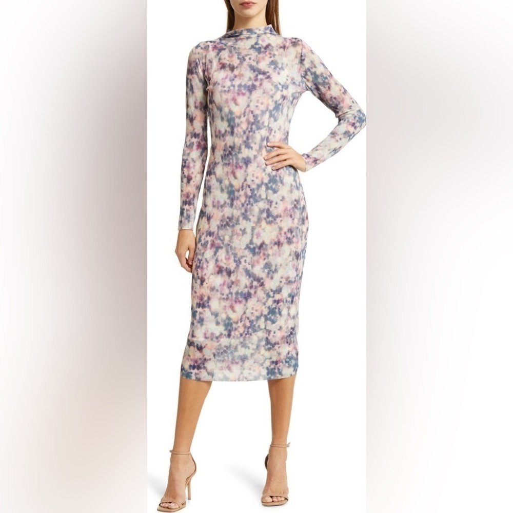 Steve Madden Maya Ribbed Mock Neck Crinkle Long Sleeve MIDI Dress- XL